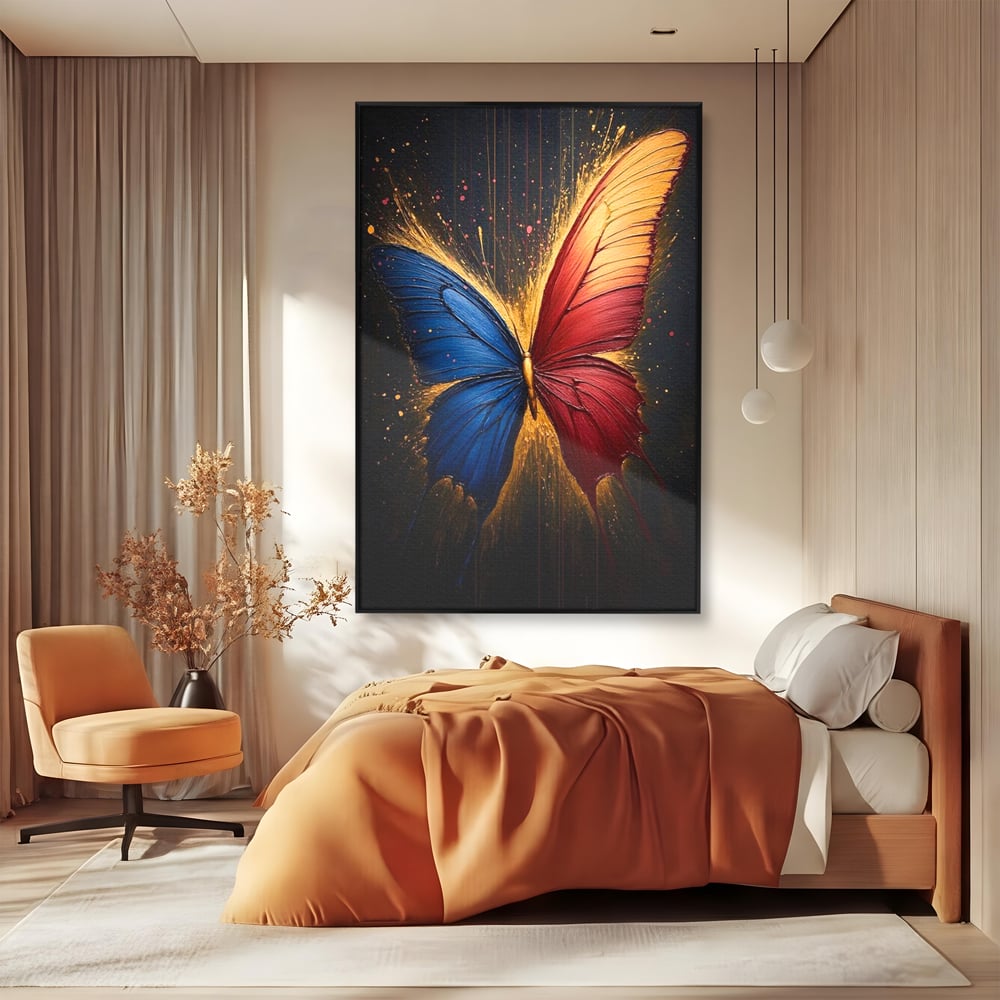 Tablou Canvas Premium, LuxCanva® M1152, Scanteie Divina, Stralucitor, Auriu, Albastru, Rosu, Fluture, Aripi, Modern, Pictura, Metamorfoza, Eteric, Zbor, Birou, Living, Camera Copil