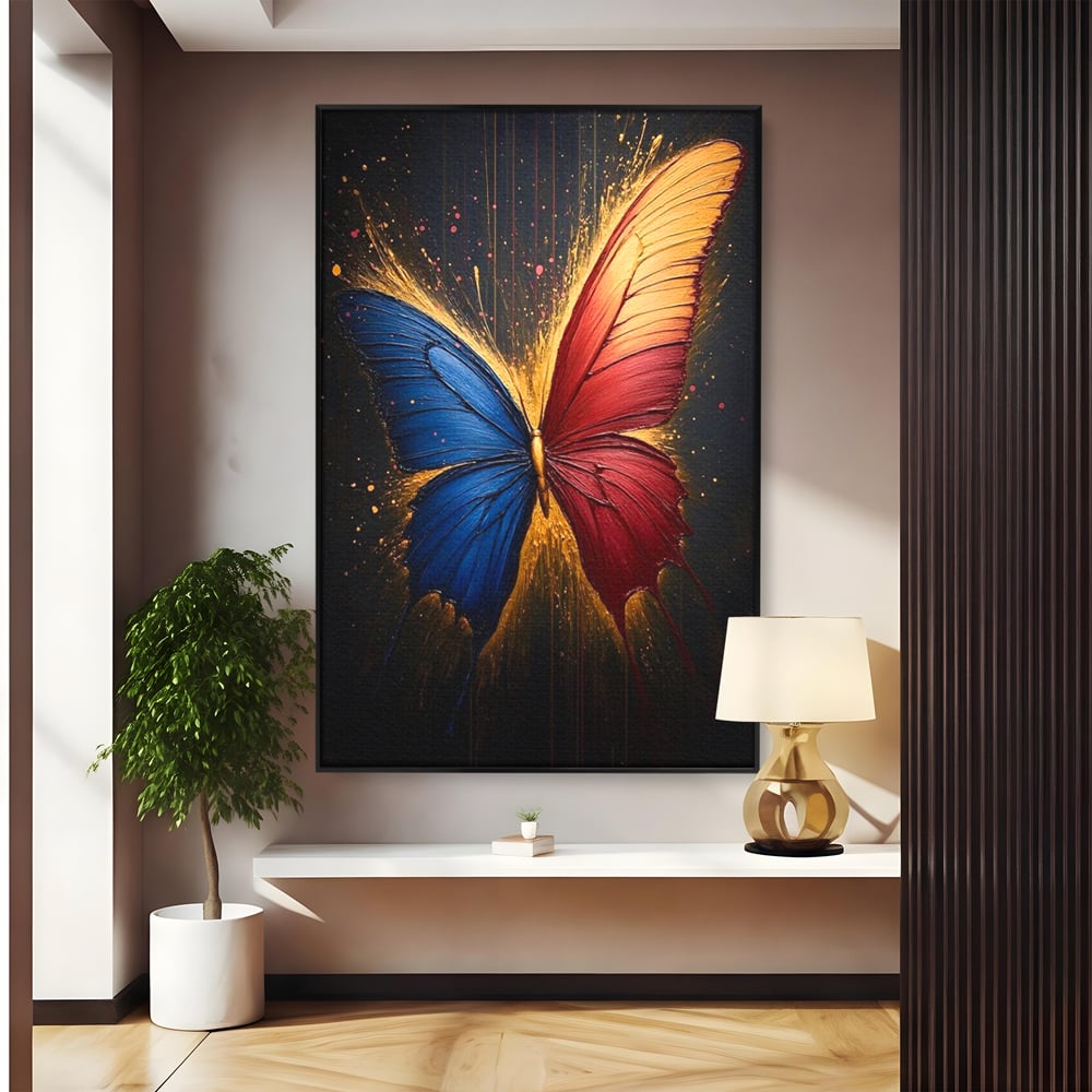 Tablou Canvas Premium, LuxCanva® M1152, Scanteie Divina, Stralucitor, Auriu, Albastru, Rosu, Fluture, Aripi, Modern, Pictura, Metamorfoza, Eteric, Zbor, Birou, Living, Camera Copil