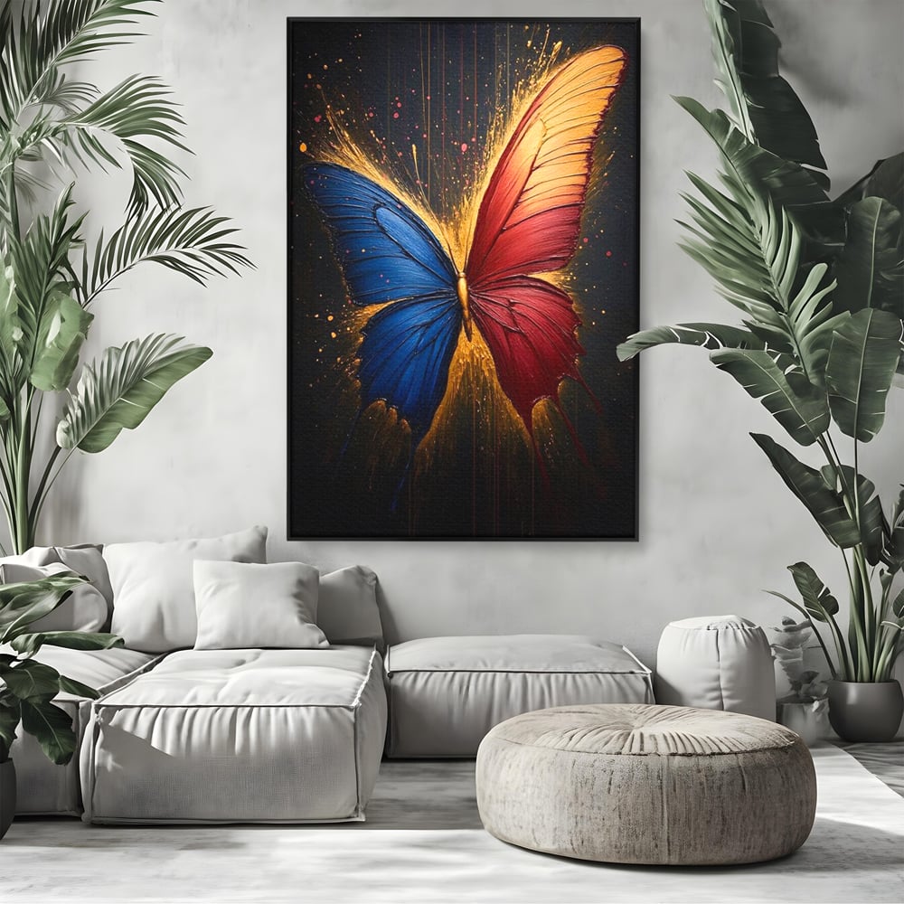 Tablou Canvas Premium, LuxCanva® M1152, Scanteie Divina, Stralucitor, Auriu, Albastru, Rosu, Fluture, Aripi, Modern, Pictura, Metamorfoza, Eteric, Zbor, Birou, Living, Camera Copil