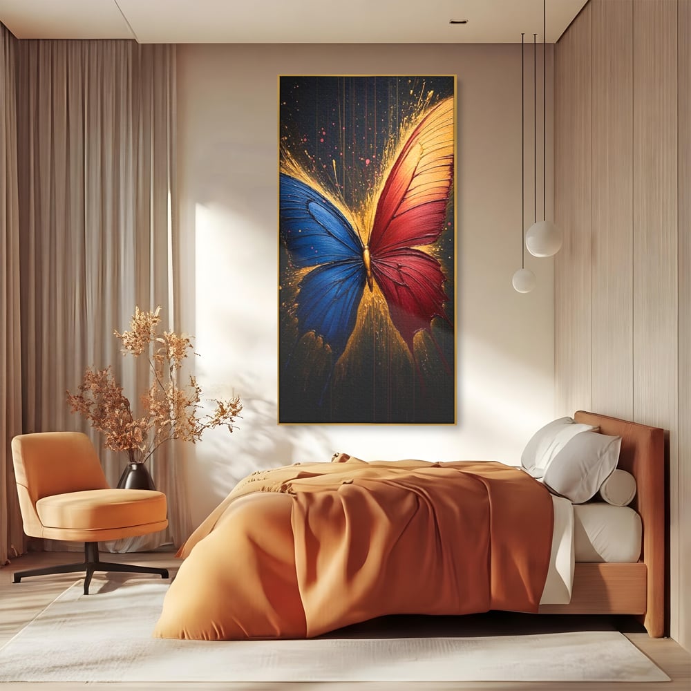 Tablou Canvas Premium, LuxCanva® M1152, Scanteie Divina, Stralucitor, Auriu, Albastru, Rosu, Fluture, Aripi, Modern, Pictura, Metamorfoza, Eteric, Zbor, Birou, Living, Camera Copil
