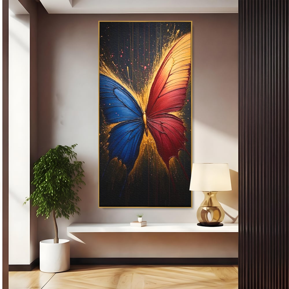 Tablou Canvas Premium, LuxCanva® M1152, Scanteie Divina, Stralucitor, Auriu, Albastru, Rosu, Fluture, Aripi, Modern, Pictura, Metamorfoza, Eteric, Zbor, Birou, Living, Camera Copil