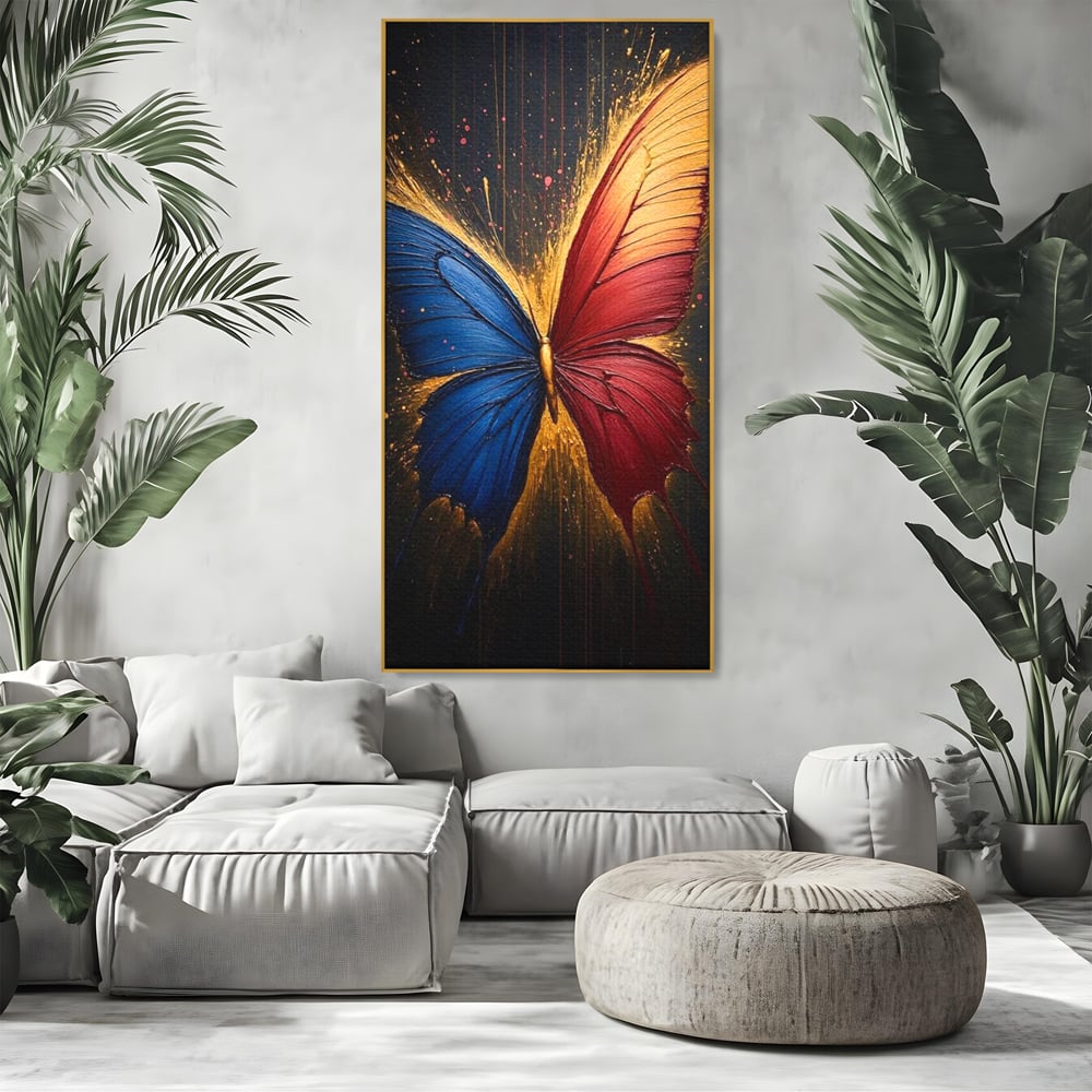 Tablou Canvas Premium, LuxCanva® M1152, Scanteie Divina, Stralucitor, Auriu, Albastru, Rosu, Fluture, Aripi, Modern, Pictura, Metamorfoza, Eteric, Zbor, Birou, Living, Camera Copil