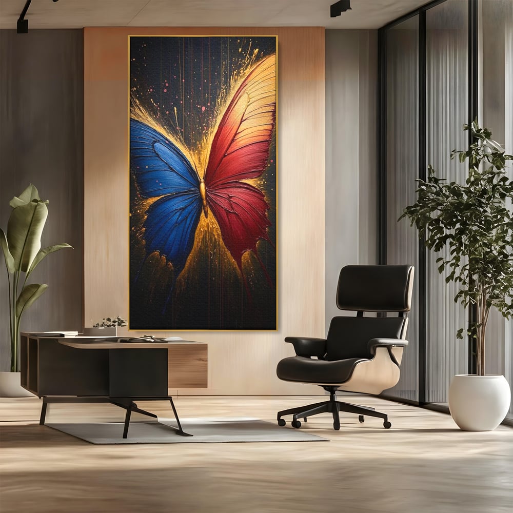 Tablou Canvas Premium, LuxCanva® M1152, Scanteie Divina, Stralucitor, Auriu, Albastru, Rosu, Fluture, Aripi, Modern, Pictura, Metamorfoza, Eteric, Zbor, Birou, Living, Camera Copil