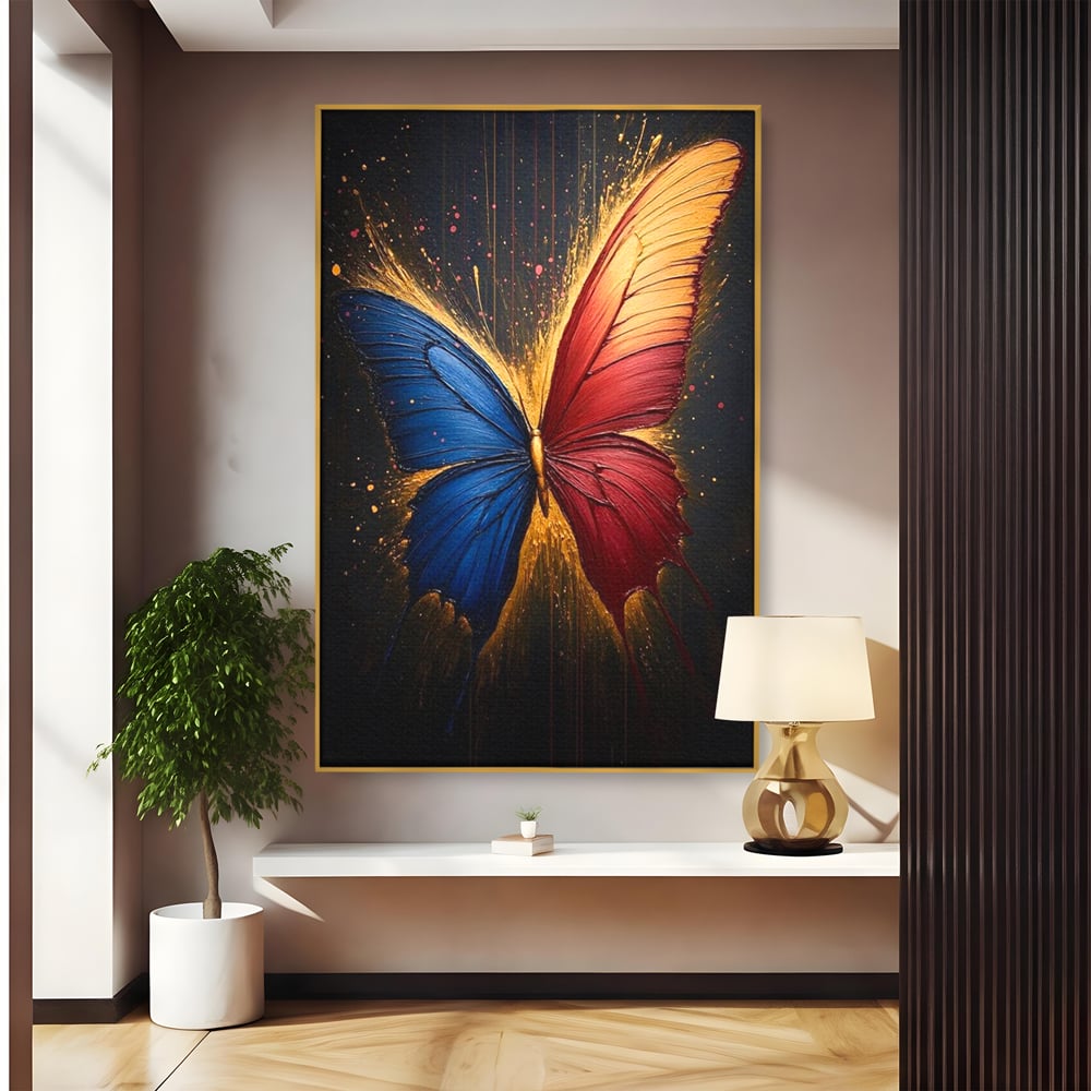 Tablou Canvas Premium, LuxCanva® M1152, Scanteie Divina, Stralucitor, Auriu, Albastru, Rosu, Fluture, Aripi, Modern, Pictura, Metamorfoza, Eteric, Zbor, Birou, Living, Camera Copil