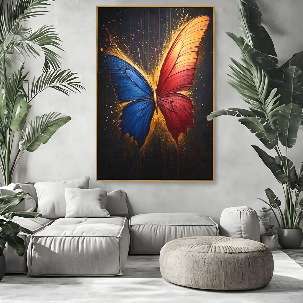 Tablou Canvas Premium, LuxCanva® M1152, Scanteie Divina, Stralucitor, Auriu, Albastru, Rosu, Fluture, Aripi, Modern, Pictura, Metamorfoza, Eteric, Zbor, Birou, Living, Camera Copil