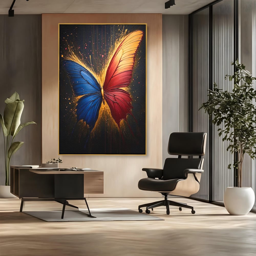 Tablou Canvas Premium, LuxCanva® M1152, Scanteie Divina, Stralucitor, Auriu, Albastru, Rosu, Fluture, Aripi, Modern, Pictura, Metamorfoza, Eteric, Zbor, Birou, Living, Camera Copil