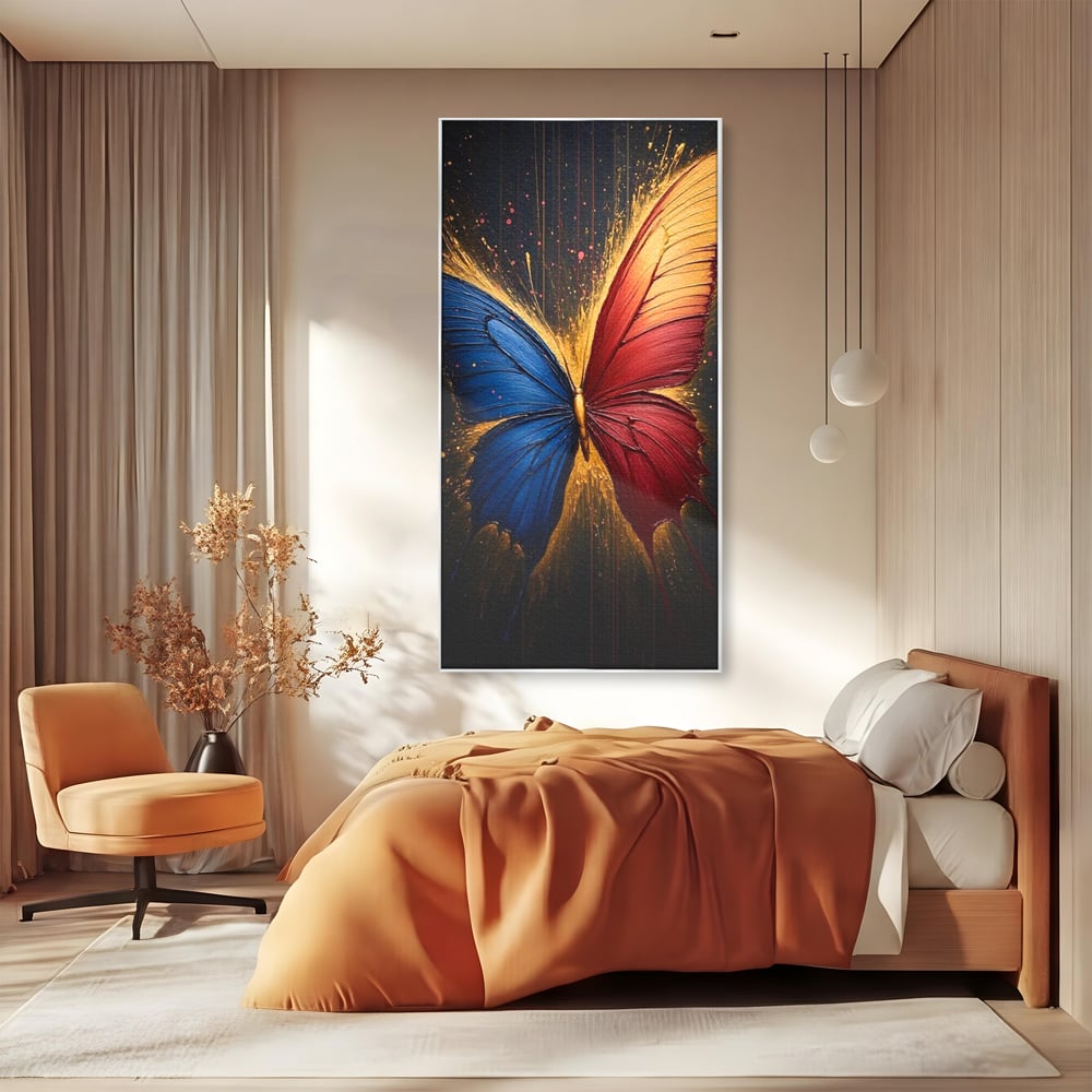 Tablou Canvas Premium, LuxCanva® M1152, Scanteie Divina, Stralucitor, Auriu, Albastru, Rosu, Fluture, Aripi, Modern, Pictura, Metamorfoza, Eteric, Zbor, Birou, Living, Camera Copil