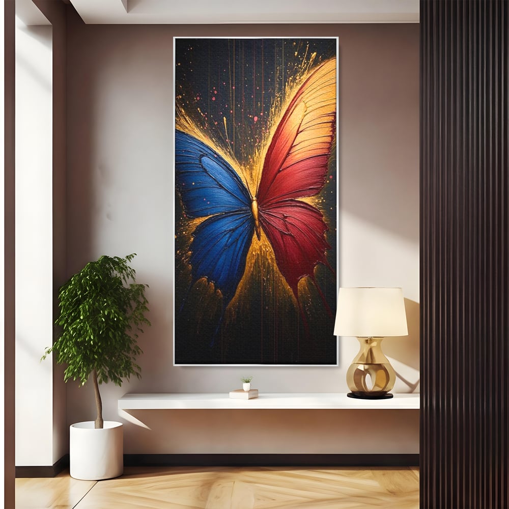 Tablou Canvas Premium, LuxCanva® M1152, Scanteie Divina, Stralucitor, Auriu, Albastru, Rosu, Fluture, Aripi, Modern, Pictura, Metamorfoza, Eteric, Zbor, Birou, Living, Camera Copil