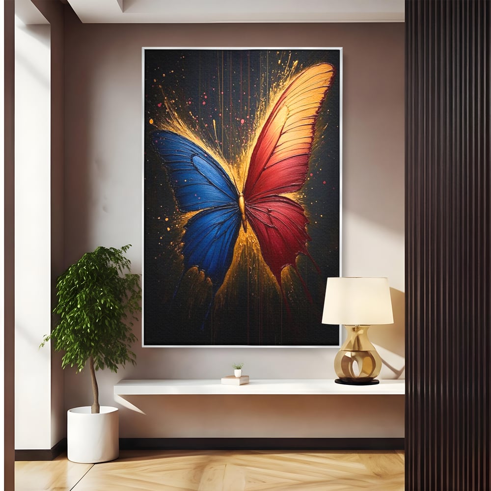 Tablou Canvas Premium, LuxCanva® M1152, Scanteie Divina, Stralucitor, Auriu, Albastru, Rosu, Fluture, Aripi, Modern, Pictura, Metamorfoza, Eteric, Zbor, Birou, Living, Camera Copil