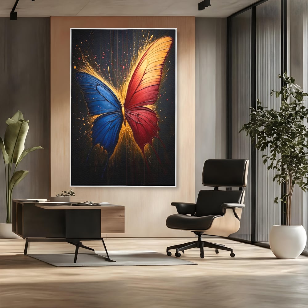 Tablou Canvas Premium, LuxCanva® M1152, Scanteie Divina, Stralucitor, Auriu, Albastru, Rosu, Fluture, Aripi, Modern, Pictura, Metamorfoza, Eteric, Zbor, Birou, Living, Camera Copil