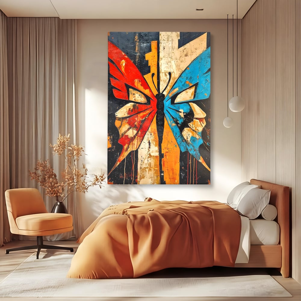 Tablou Canvas Premium, LuxCanva® M1153, Metamorfoza Urbana, Graffiti, Mural, Urban, Street Art, Fluture, Multicolor, Estetic, Modern, Aripi, Perete, Birou, Living, Camera Copil