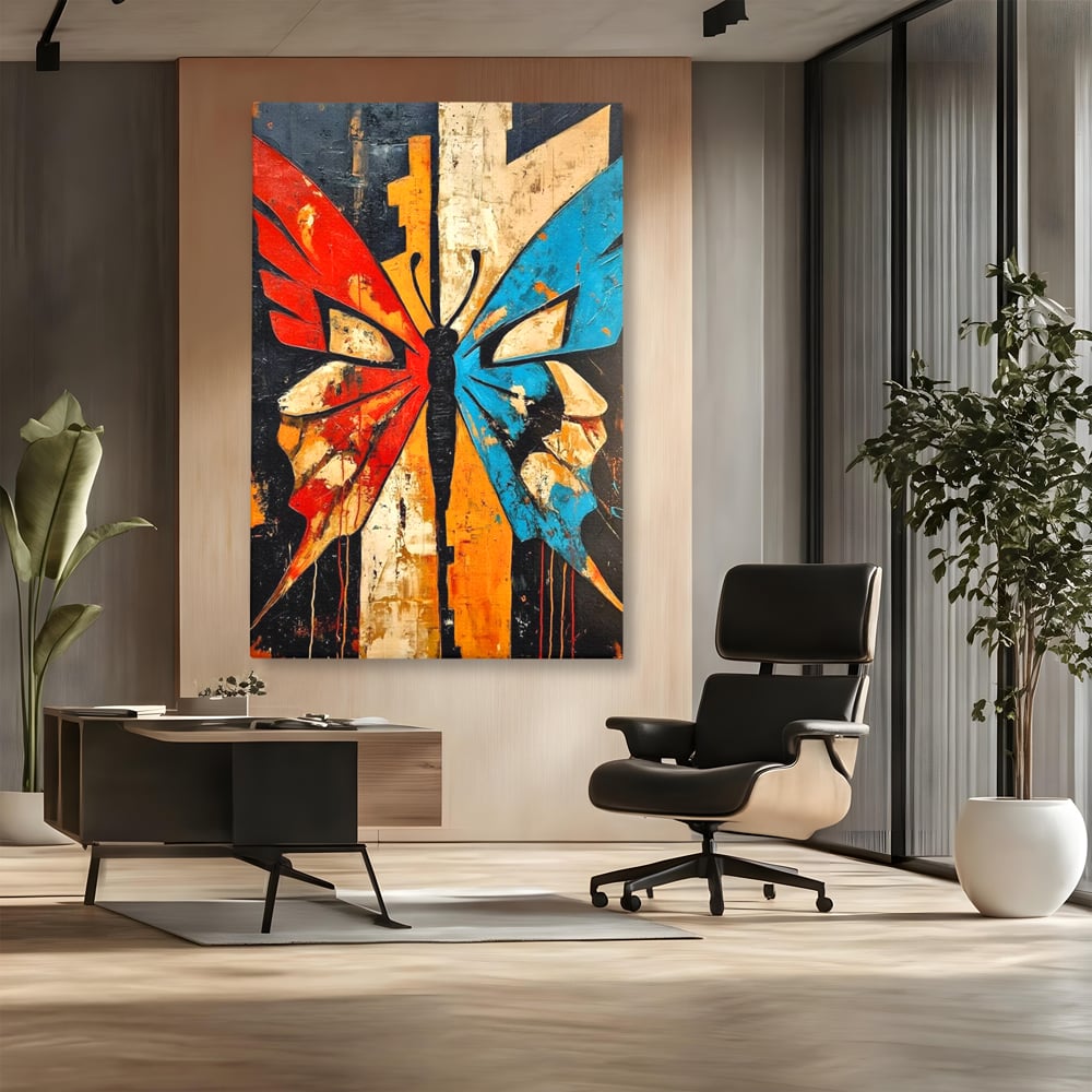 Tablou Canvas Premium, LuxCanva® M1153, Metamorfoza Urbana, Graffiti, Mural, Urban, Street Art, Fluture, Multicolor, Estetic, Modern, Aripi, Perete, Birou, Living, Camera Copil