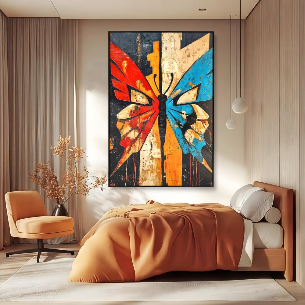 Tablou Canvas Premium, LuxCanva® M1153, Metamorfoza Urbana, Graffiti, Mural, Urban, Street Art, Fluture, Multicolor, Estetic, Modern, Aripi, Perete, Birou, Living, Camera Copil