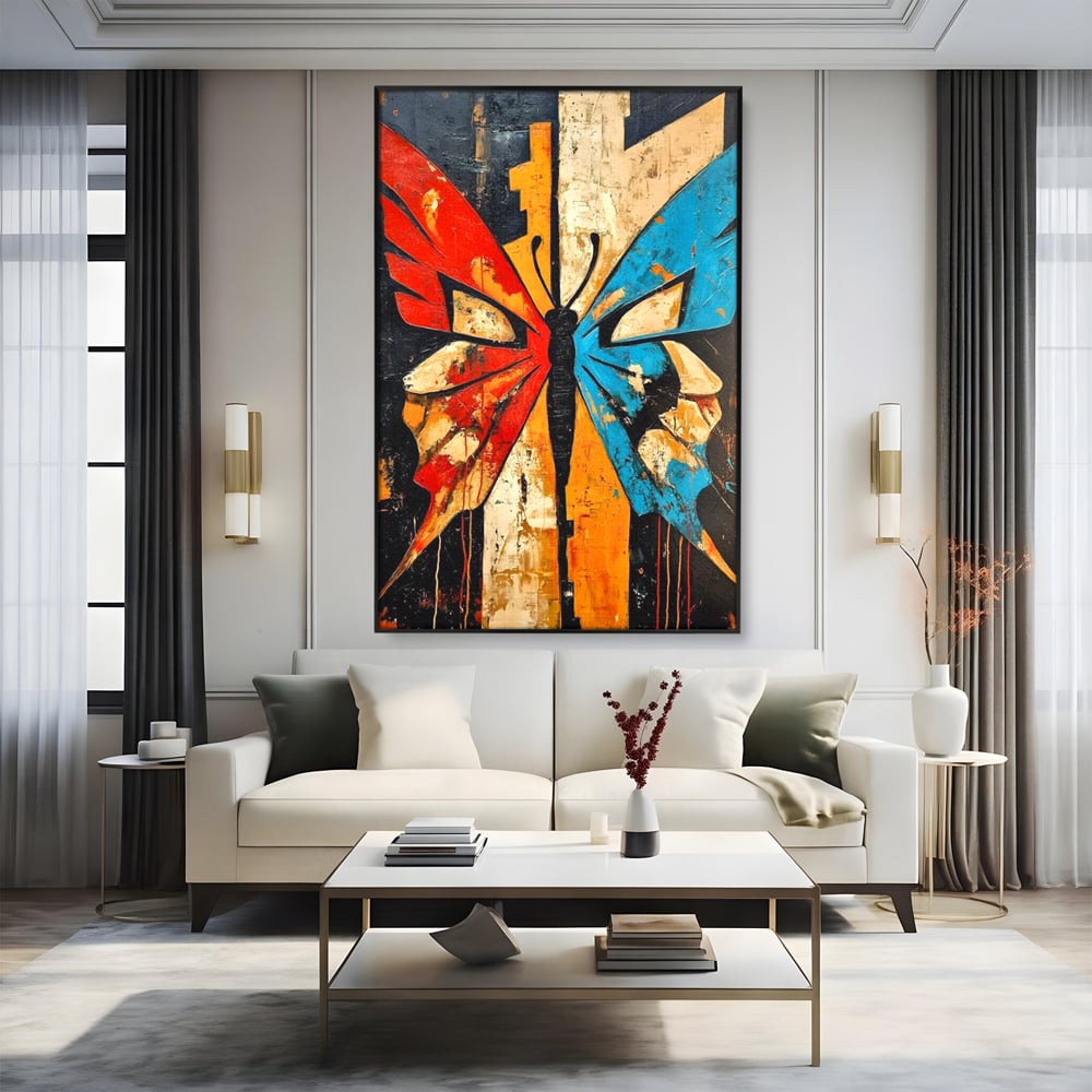 Tablou Canvas Premium, LuxCanva® M1153, Metamorfoza Urbana, Graffiti, Mural, Urban, Street Art, Fluture, Multicolor, Estetic, Modern, Aripi, Perete, Birou, Living, Camera Copil