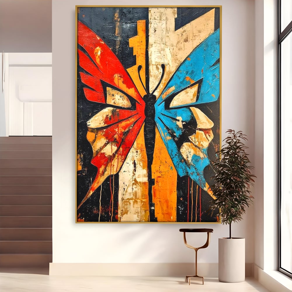 Tablou Canvas Premium, LuxCanva® M1153, Metamorfoza Urbana, Graffiti, Mural, Urban, Street Art, Fluture, Multicolor, Estetic, Modern, Aripi, Perete, Birou, Living, Camera Copil
