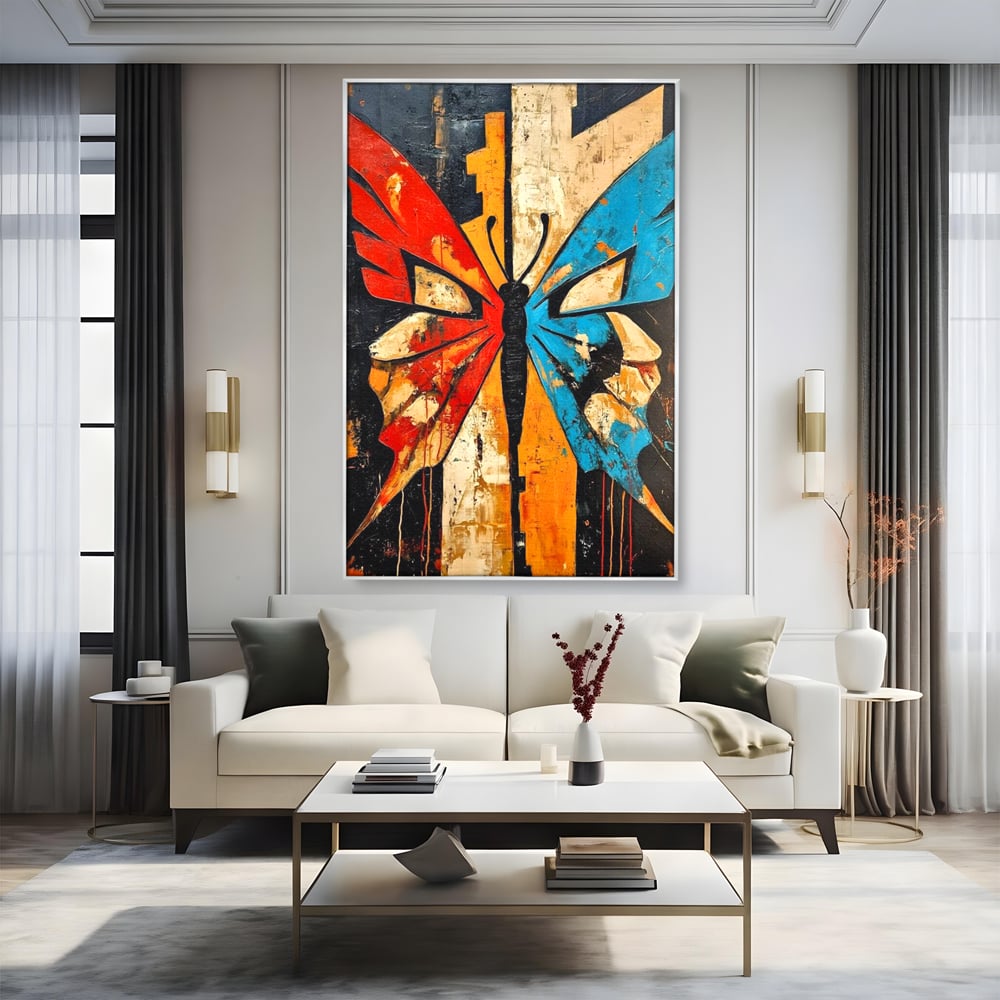 Tablou Canvas Premium, LuxCanva® M1153, Metamorfoza Urbana, Graffiti, Mural, Urban, Street Art, Fluture, Multicolor, Estetic, Modern, Aripi, Perete, Birou, Living, Camera Copil