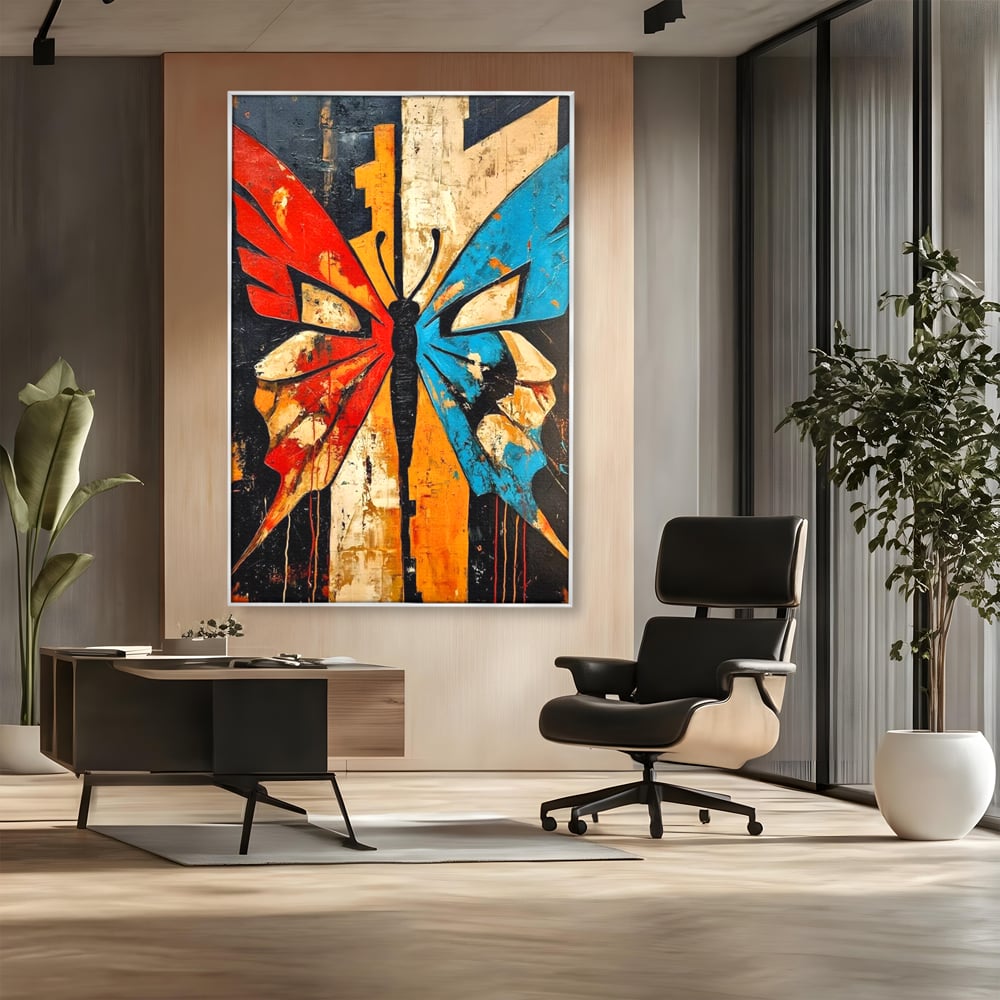 Tablou Canvas Premium, LuxCanva® M1153, Metamorfoza Urbana, Graffiti, Mural, Urban, Street Art, Fluture, Multicolor, Estetic, Modern, Aripi, Perete, Birou, Living, Camera Copil