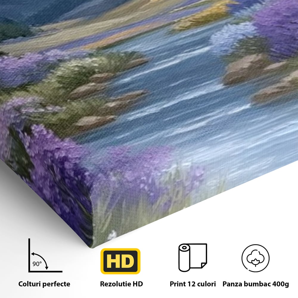 Tablou Canvas Premium, LuxCanva® M1156, Calatorie in Valea Mov, Munte, Peisaj, Flori, Vegetatie, Natura, Rau, Lavanda, Fluture, Copaci, Pastel, Primavara, Birou, Living, Camera Copil