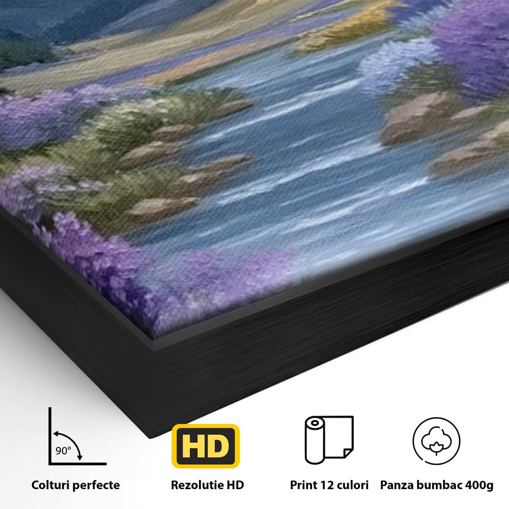Tablou Canvas Premium, LuxCanva® M1156, Calatorie in Valea Mov, Munte, Peisaj, Flori, Vegetatie, Natura, Rau, Lavanda, Fluture, Copaci, Pastel, Primavara, Birou, Living, Camera Copil