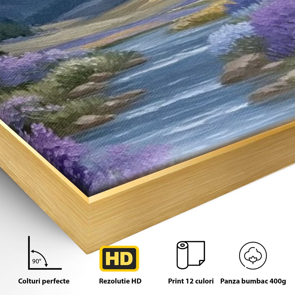 Tablou Canvas Premium, LuxCanva® M1156, Calatorie in Valea Mov, Munte, Peisaj, Flori, Vegetatie, Natura, Rau, Lavanda, Fluture, Copaci, Pastel, Primavara, Birou, Living, Camera Copil
