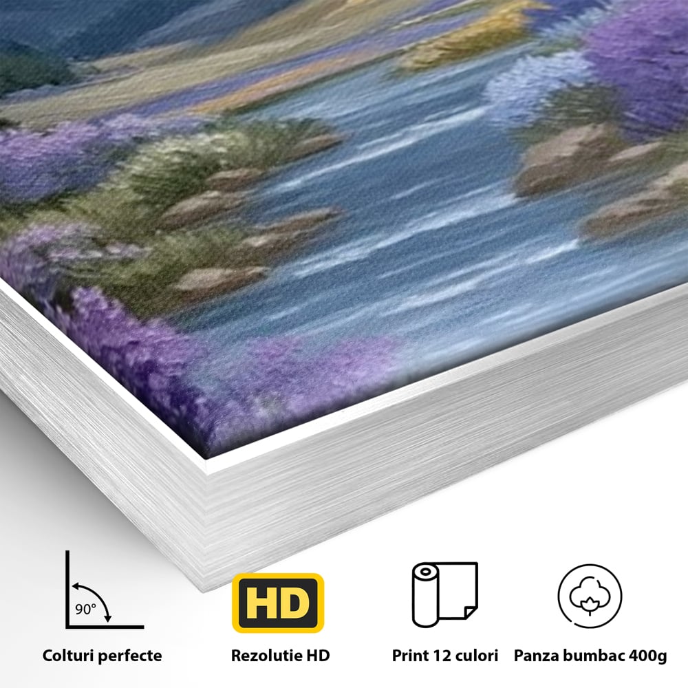 Tablou Canvas Premium, LuxCanva® M1156, Calatorie in Valea Mov, Munte, Peisaj, Flori, Vegetatie, Natura, Rau, Lavanda, Fluture, Copaci, Pastel, Primavara, Birou, Living, Camera Copil