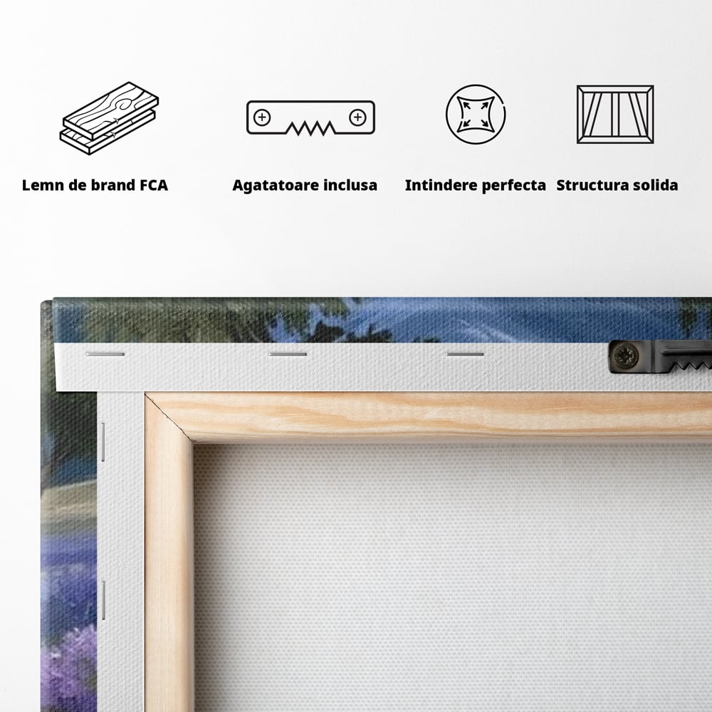 Tablou Canvas Premium, LuxCanva® M1156, Calatorie in Valea Mov, Munte, Peisaj, Flori, Vegetatie, Natura, Rau, Lavanda, Fluture, Copaci, Pastel, Primavara, Birou, Living, Camera Copil