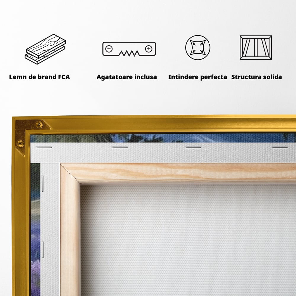Tablou Canvas Premium, LuxCanva® M1156, Calatorie in Valea Mov, Munte, Peisaj, Flori, Vegetatie, Natura, Rau, Lavanda, Fluture, Copaci, Pastel, Primavara, Birou, Living, Camera Copil