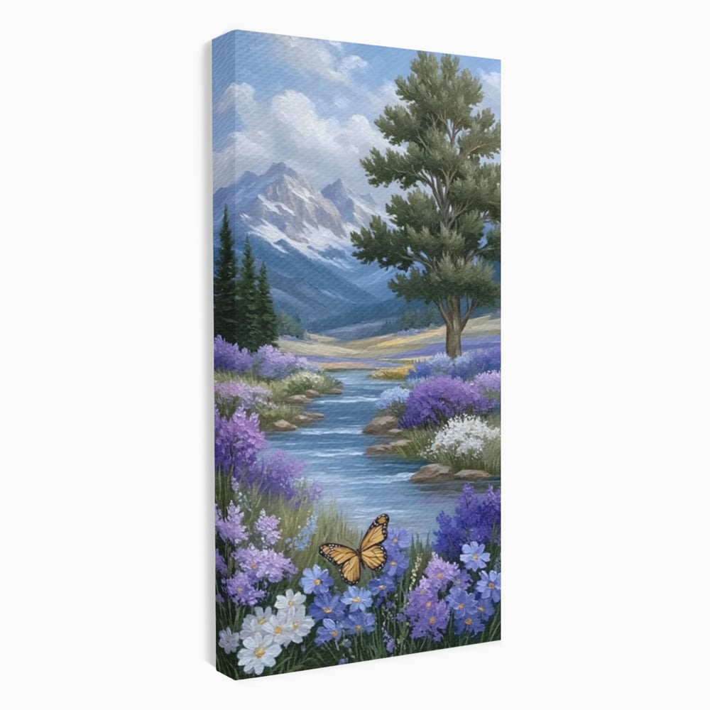 Tablou Canvas Premium, LuxCanva® M1156, Calatorie in Valea Mov, Munte, Peisaj, Flori, Vegetatie, Natura, Rau, Lavanda, Fluture, Copaci, Pastel, Primavara, Birou, Living, Camera Copil