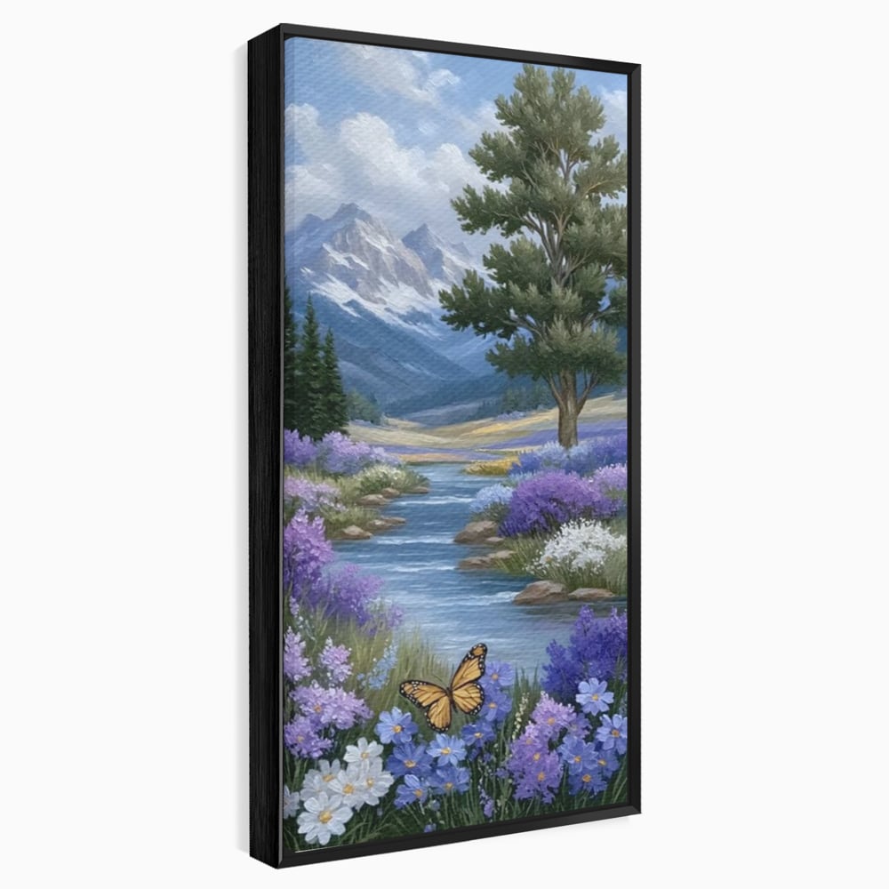 Tablou Canvas Premium, LuxCanva® M1156, Calatorie in Valea Mov, Munte, Peisaj, Flori, Vegetatie, Natura, Rau, Lavanda, Fluture, Copaci, Pastel, Primavara, Birou, Living, Camera Copil