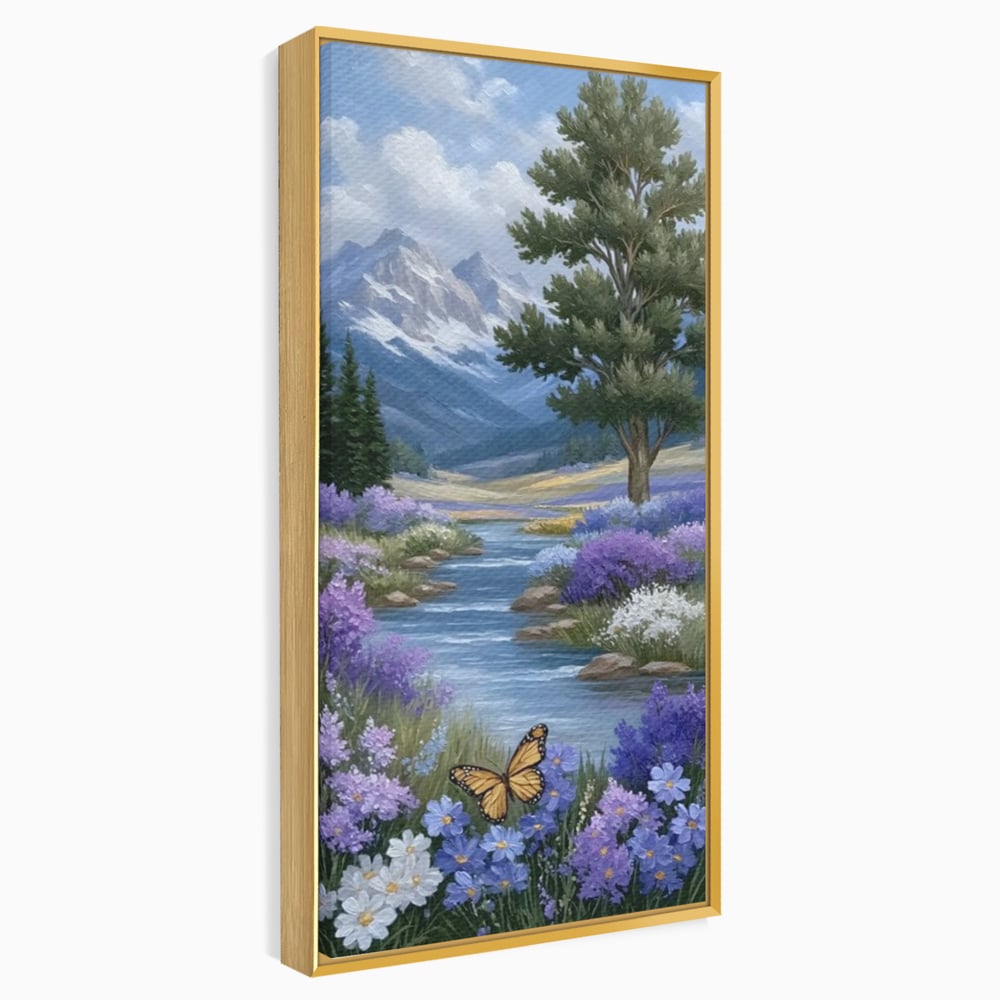 Tablou Canvas Premium, LuxCanva® M1156, Calatorie in Valea Mov, Munte, Peisaj, Flori, Vegetatie, Natura, Rau, Lavanda, Fluture, Copaci, Pastel, Primavara, Birou, Living, Camera Copil