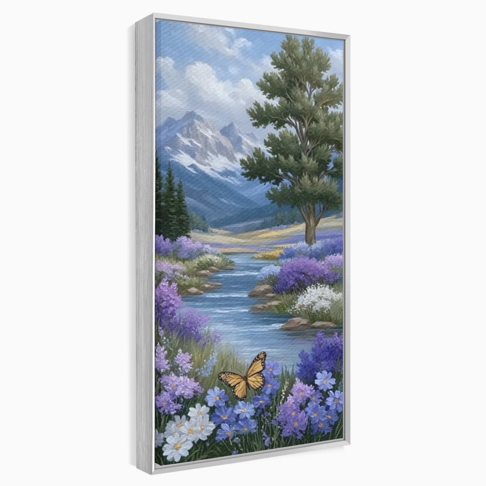 Tablou Canvas Premium, LuxCanva® M1156, Calatorie in Valea Mov, Munte, Peisaj, Flori, Vegetatie, Natura, Rau, Lavanda, Fluture, Copaci, Pastel, Primavara, Birou, Living, Camera Copil