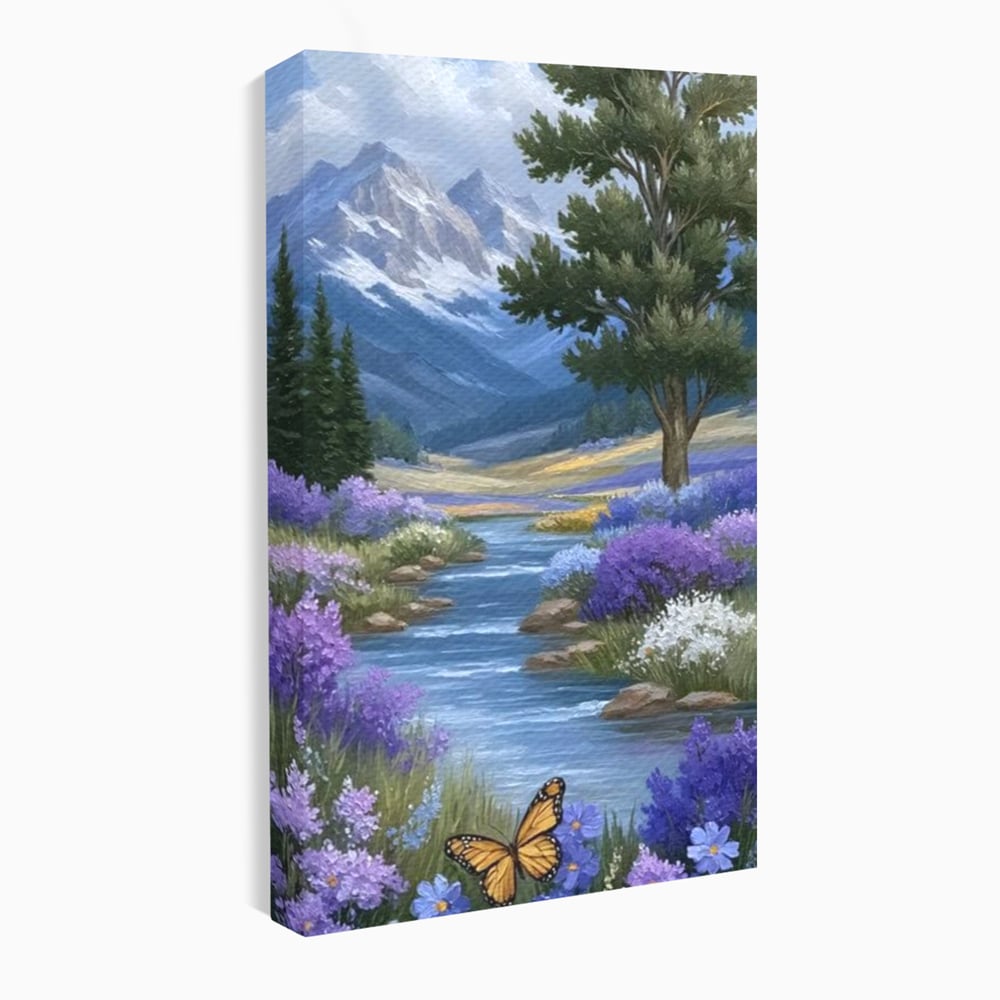 Tablou Canvas Premium, LuxCanva® M1156, Calatorie in Valea Mov, Munte, Peisaj, Flori, Vegetatie, Natura, Rau, Lavanda, Fluture, Copaci, Pastel, Primavara, Birou, Living, Camera Copil