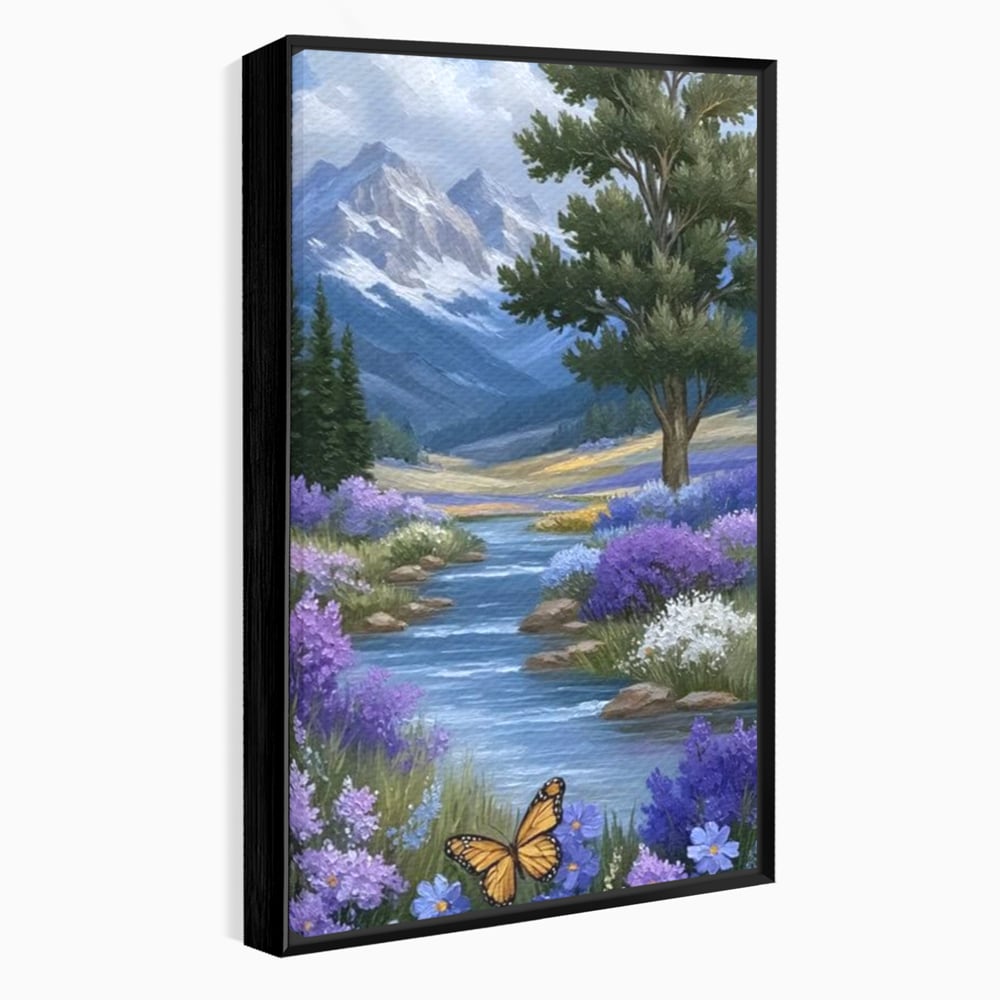 Tablou Canvas Premium, LuxCanva® M1156, Calatorie in Valea Mov, Munte, Peisaj, Flori, Vegetatie, Natura, Rau, Lavanda, Fluture, Copaci, Pastel, Primavara, Birou, Living, Camera Copil