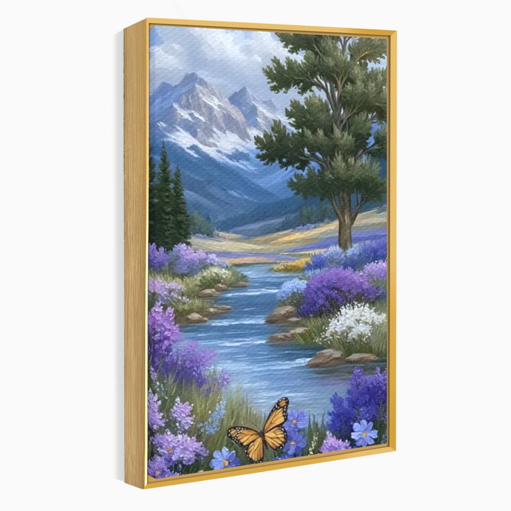 Tablou Canvas Premium, LuxCanva® M1156, Calatorie in Valea Mov, Munte, Peisaj, Flori, Vegetatie, Natura, Rau, Lavanda, Fluture, Copaci, Pastel, Primavara, Birou, Living, Camera Copil