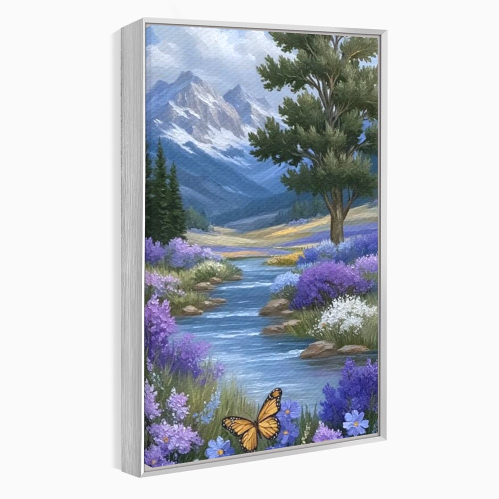 Tablou Canvas Premium, LuxCanva® M1156, Calatorie in Valea Mov, Munte, Peisaj, Flori, Vegetatie, Natura, Rau, Lavanda, Fluture, Copaci, Pastel, Primavara, Birou, Living, Camera Copil