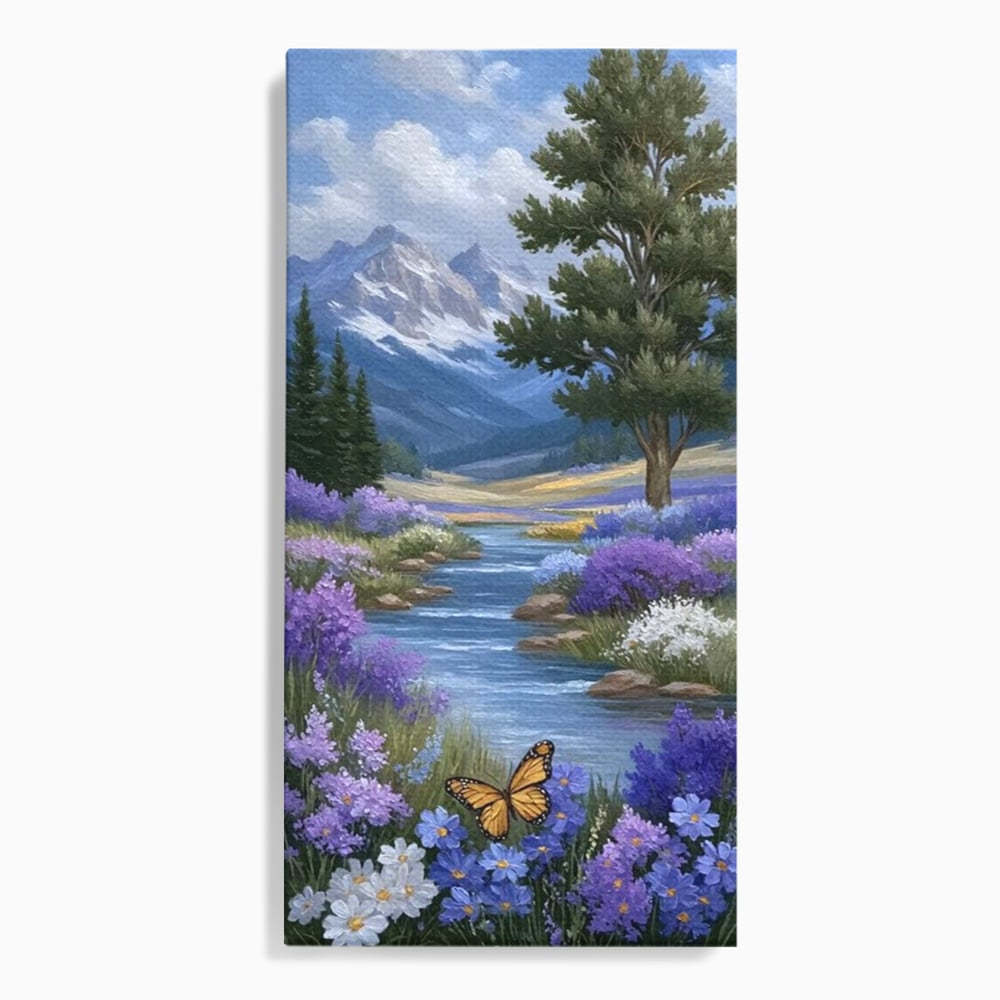 Tablou Canvas Premium, LuxCanva® M1156, Calatorie in Valea Mov, Munte, Peisaj, Flori, Vegetatie, Natura, Rau, Lavanda, Fluture, Copaci, Pastel, Primavara, Birou, Living, Camera Copil