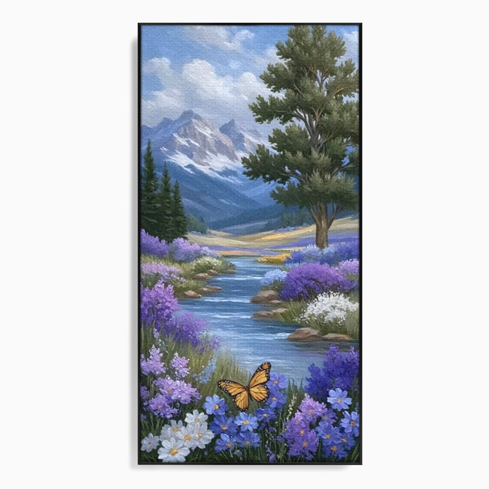 Tablou Canvas Premium, LuxCanva® M1156, Calatorie in Valea Mov, Munte, Peisaj, Flori, Vegetatie, Natura, Rau, Lavanda, Fluture, Copaci, Pastel, Primavara, Birou, Living, Camera Copil