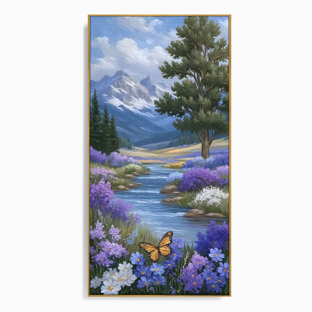 Tablou Canvas Premium, LuxCanva® M1156, Calatorie in Valea Mov, Munte, Peisaj, Flori, Vegetatie, Natura, Rau, Lavanda, Fluture, Copaci, Pastel, Primavara, Birou, Living, Camera Copil