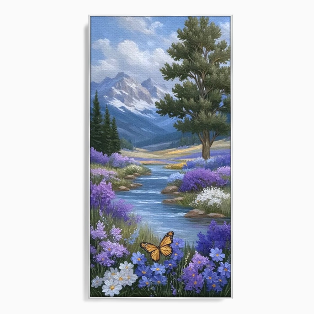 Tablou Canvas Premium, LuxCanva® M1156, Calatorie in Valea Mov, Munte, Peisaj, Flori, Vegetatie, Natura, Rau, Lavanda, Fluture, Copaci, Pastel, Primavara, Birou, Living, Camera Copil