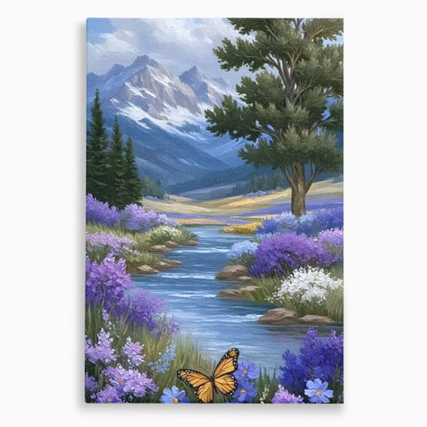 Tablou Canvas Premium, LuxCanva® M1156, Calatorie in Valea Mov, Munte, Peisaj, Flori, Vegetatie, Natura, Rau, Lavanda, Fluture, Copaci, Pastel, Primavara, Birou, Living, Camera Copil