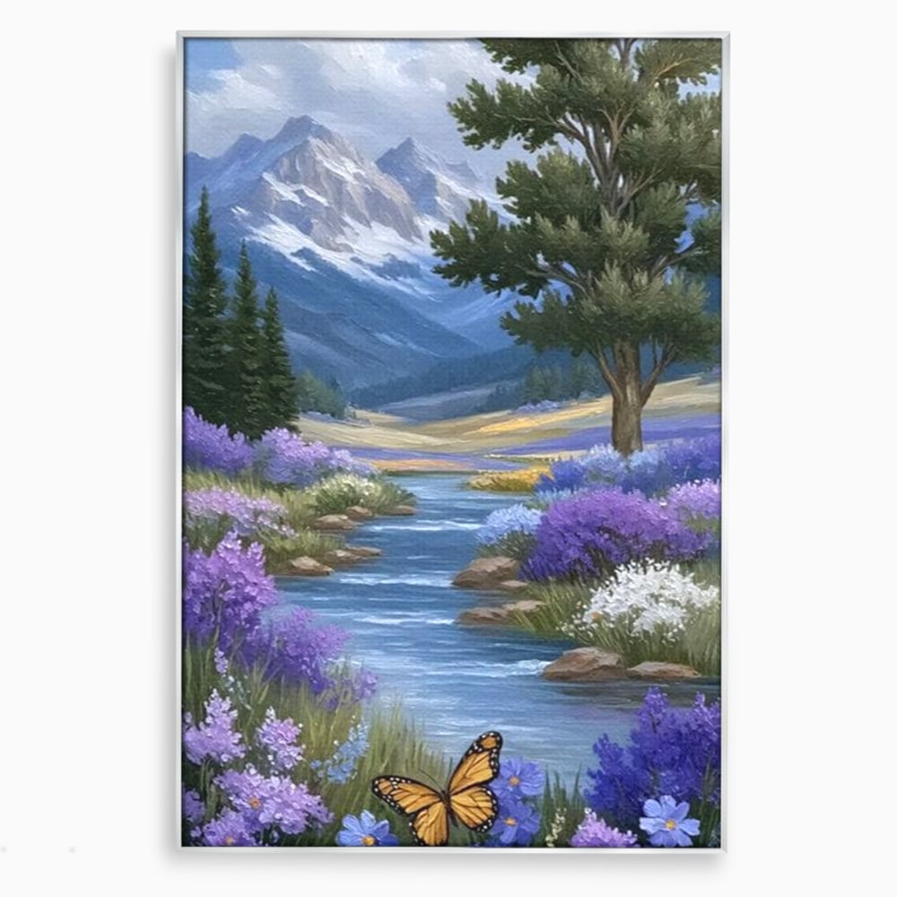 Tablou Canvas Premium, LuxCanva® M1156, Calatorie in Valea Mov, Munte, Peisaj, Flori, Vegetatie, Natura, Rau, Lavanda, Fluture, Copaci, Pastel, Primavara, Birou, Living, Camera Copil