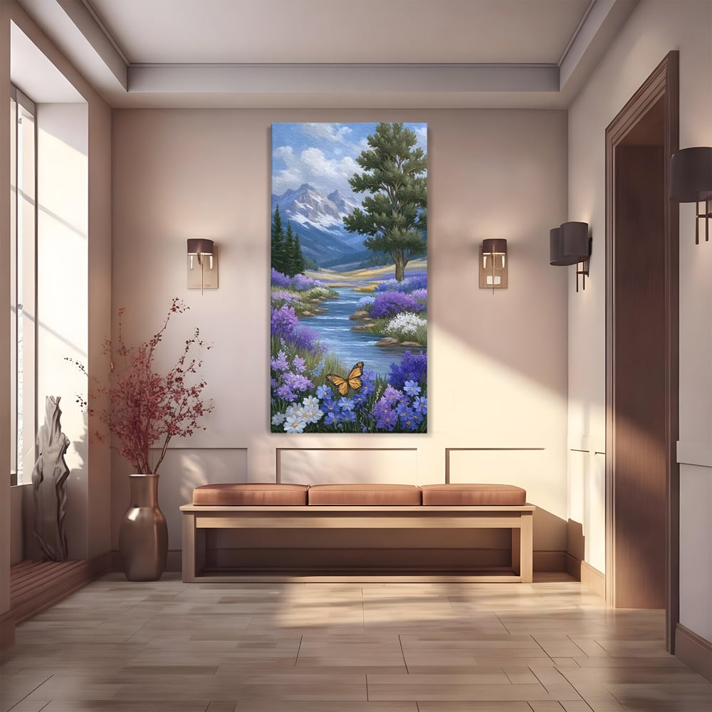 Tablou Canvas Premium, LuxCanva® M1156, Calatorie in Valea Mov, Munte, Peisaj, Flori, Vegetatie, Natura, Rau, Lavanda, Fluture, Copaci, Pastel, Primavara, Birou, Living, Camera Copil