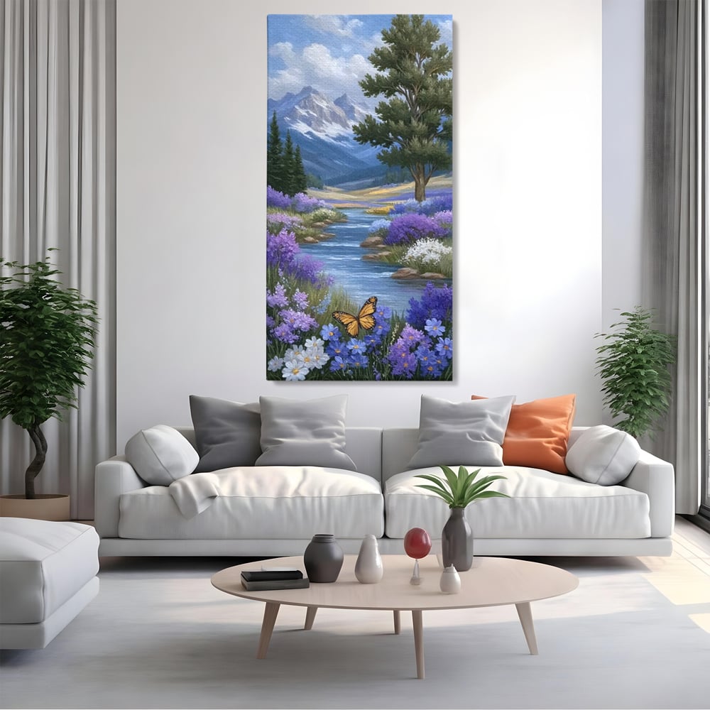 Tablou Canvas Premium, LuxCanva® M1156, Calatorie in Valea Mov, Munte, Peisaj, Flori, Vegetatie, Natura, Rau, Lavanda, Fluture, Copaci, Pastel, Primavara, Birou, Living, Camera Copil
