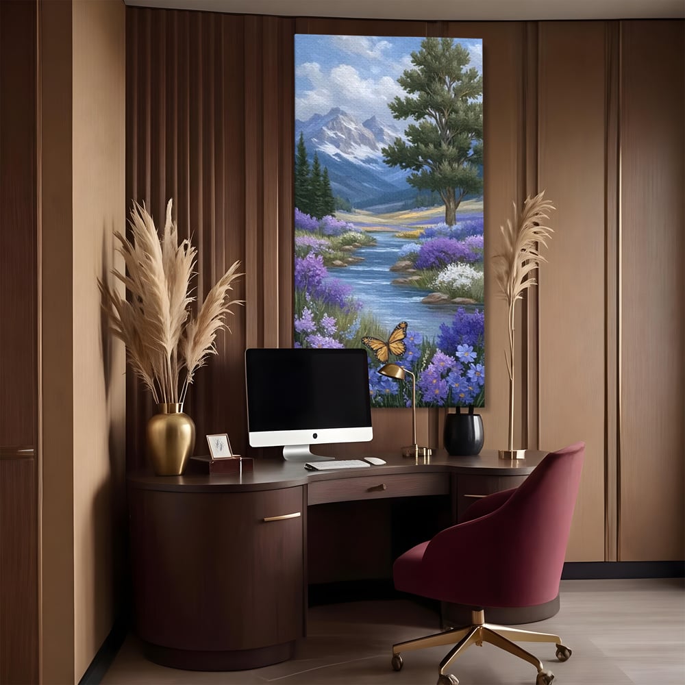 Tablou Canvas Premium, LuxCanva® M1156, Calatorie in Valea Mov, Munte, Peisaj, Flori, Vegetatie, Natura, Rau, Lavanda, Fluture, Copaci, Pastel, Primavara, Birou, Living, Camera Copil