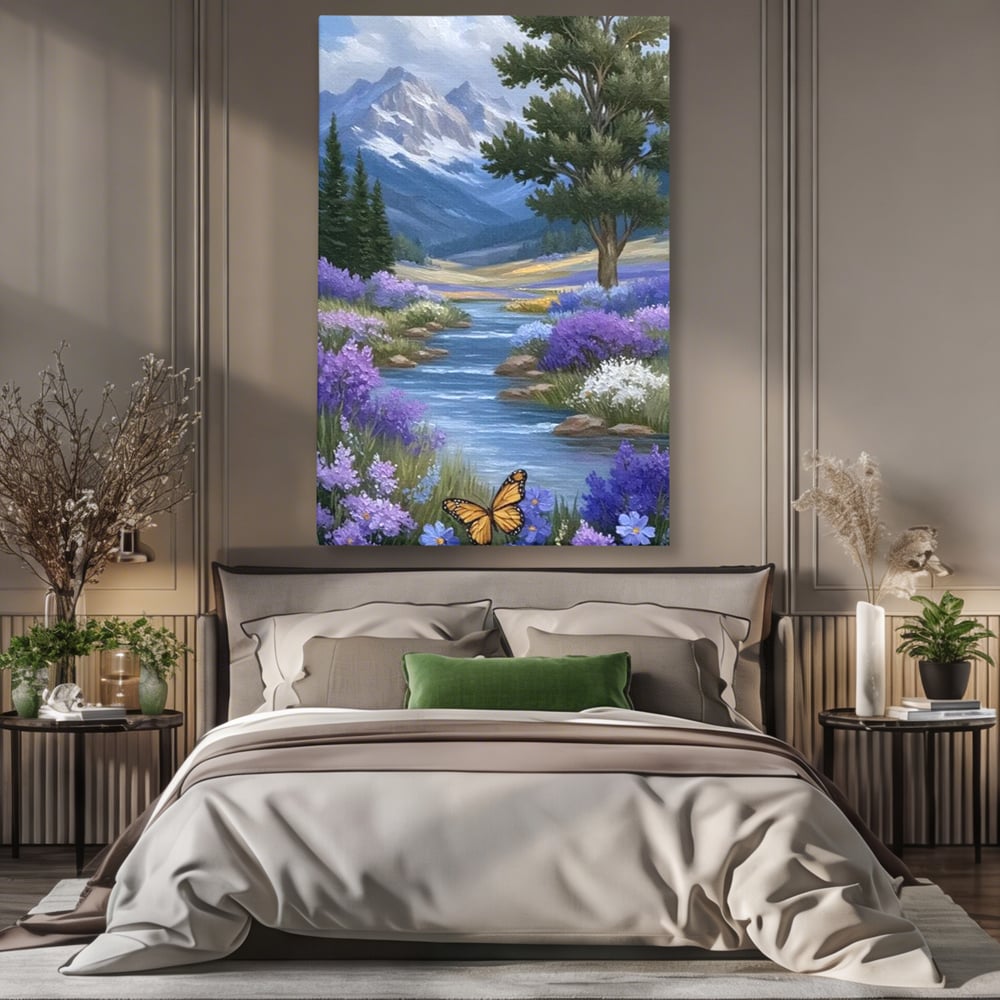 Tablou Canvas Premium, LuxCanva® M1156, Calatorie in Valea Mov, Munte, Peisaj, Flori, Vegetatie, Natura, Rau, Lavanda, Fluture, Copaci, Pastel, Primavara, Birou, Living, Camera Copil