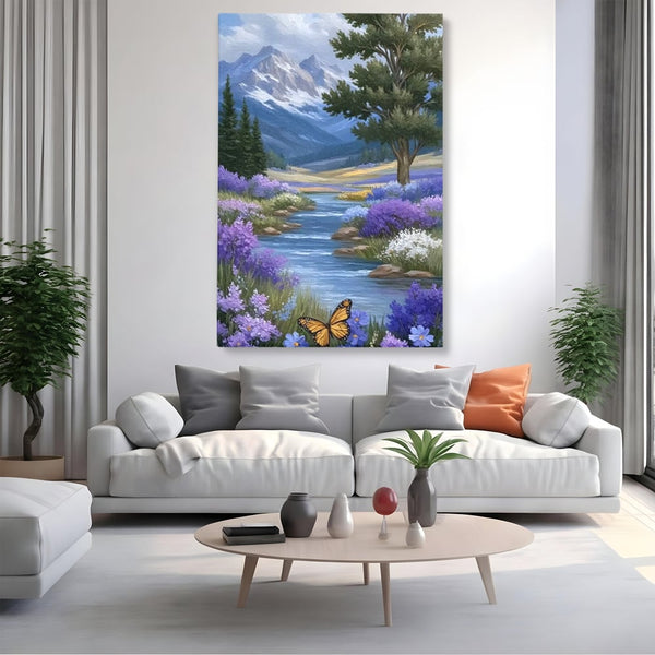 Tablou Canvas Premium, LuxCanva® M1156, Calatorie in Valea Mov, Munte, Peisaj, Flori, Vegetatie, Natura, Rau, Lavanda, Fluture, Copaci, Pastel, Primavara, Birou, Living, Camera Copil
