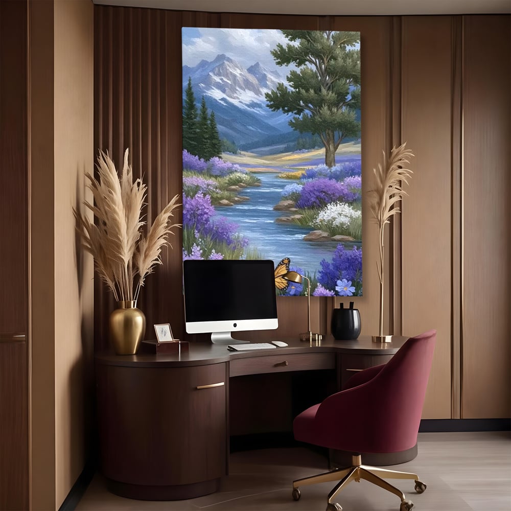 Tablou Canvas Premium, LuxCanva® M1156, Calatorie in Valea Mov, Munte, Peisaj, Flori, Vegetatie, Natura, Rau, Lavanda, Fluture, Copaci, Pastel, Primavara, Birou, Living, Camera Copil