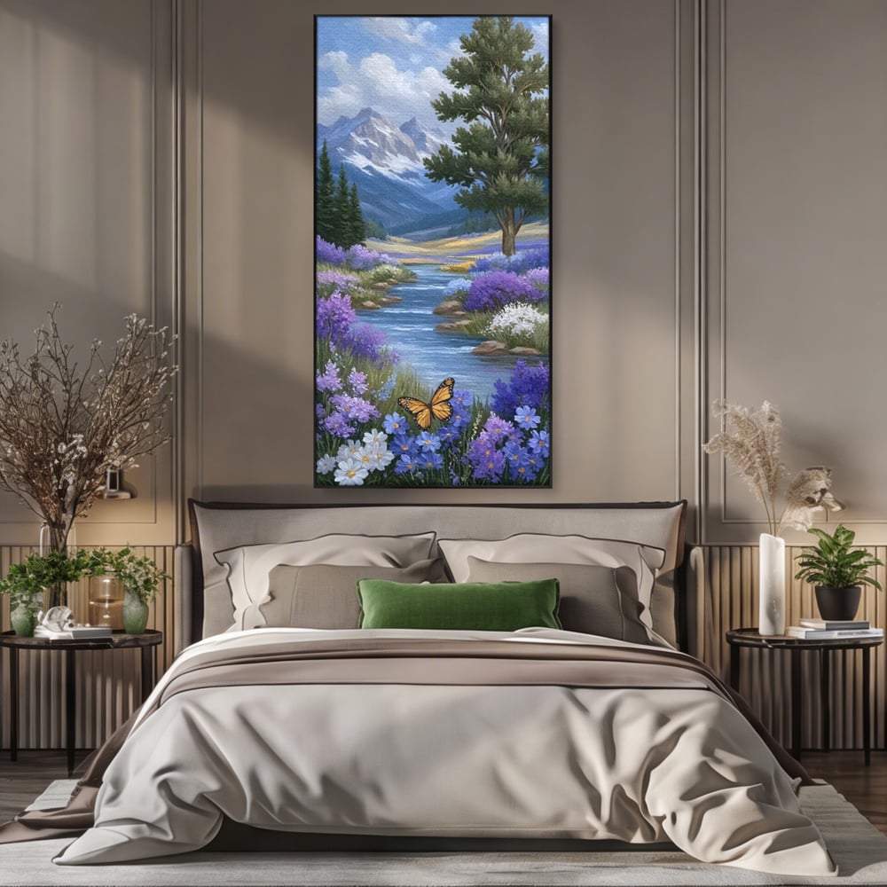 Tablou Canvas Premium, LuxCanva® M1156, Calatorie in Valea Mov, Munte, Peisaj, Flori, Vegetatie, Natura, Rau, Lavanda, Fluture, Copaci, Pastel, Primavara, Birou, Living, Camera Copil