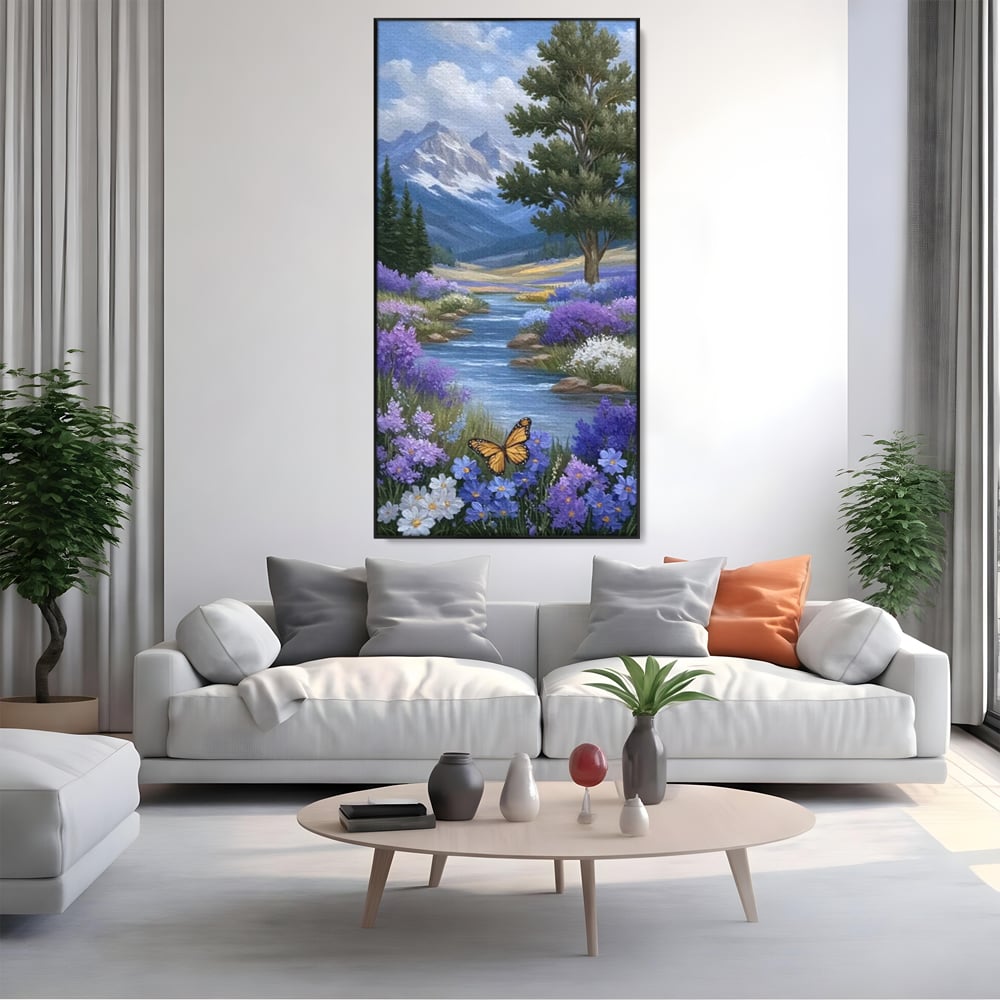 Tablou Canvas Premium, LuxCanva® M1156, Calatorie in Valea Mov, Munte, Peisaj, Flori, Vegetatie, Natura, Rau, Lavanda, Fluture, Copaci, Pastel, Primavara, Birou, Living, Camera Copil