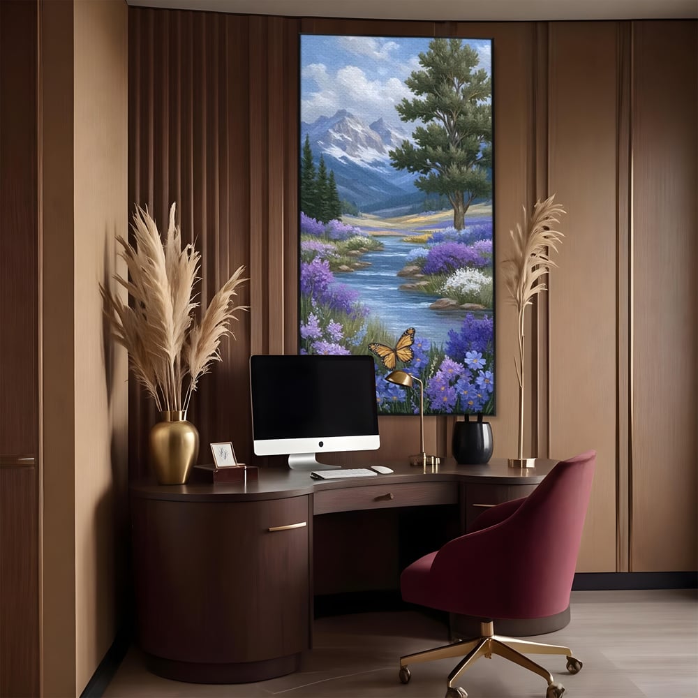 Tablou Canvas Premium, LuxCanva® M1156, Calatorie in Valea Mov, Munte, Peisaj, Flori, Vegetatie, Natura, Rau, Lavanda, Fluture, Copaci, Pastel, Primavara, Birou, Living, Camera Copil